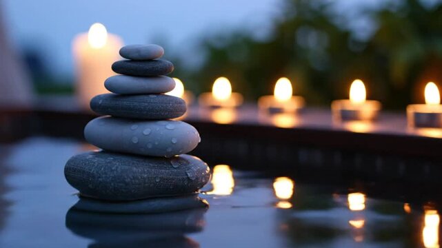 Tranquil Zen Meditation Scene with Stacked Stones and Soft Candlelight Reflecting on Water for Relaxation and Calmness