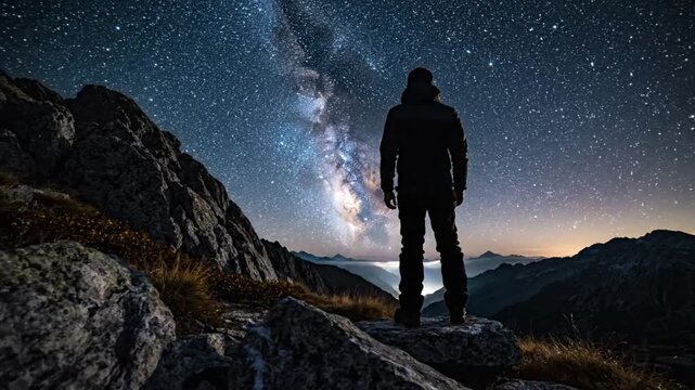 Lone figure standing on mountain top gazing at vast illuminated milky way galaxy during the night