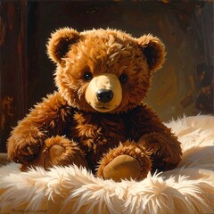 A brown teddy bear sitting on a fluffy white surface