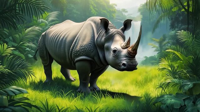 A gray rhino grazes in a vibrant green jungle clearing, with a cascading waterfall in the background