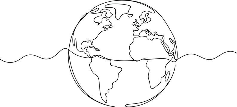 Earth Globe Continuous Line Drawing, minimalist one line vector illustration, world map art, global concept