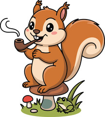 Obraz premium A cartoon squirrel sitting on a mushroom smoking a pipe with a frog nearby