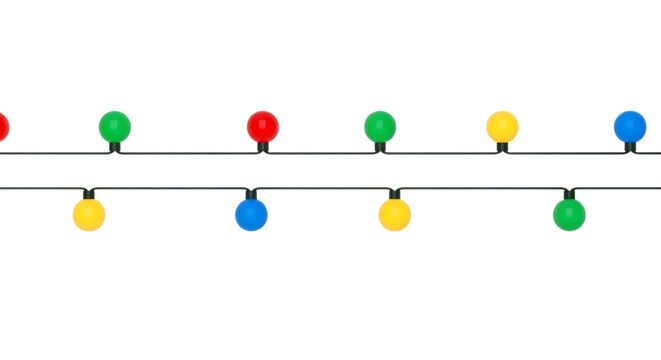 Colorful lights hanging in a row on a string against a transparent background