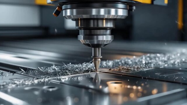 A close-up showcases a CNC machine cutting metal with precision, producing metal shavings