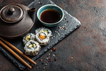 Fototapeta premium Tea Set With Pastries On Rustic Surface
