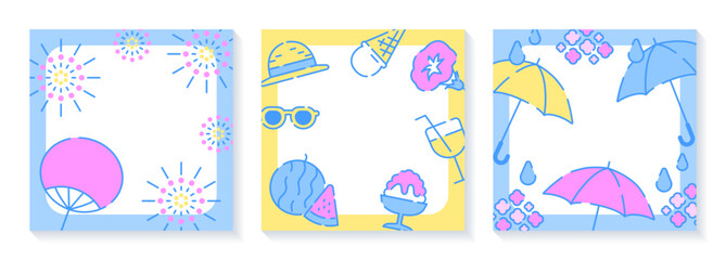 夏と梅雨のモチーフを集めたフレーム背景3点セット　花火とうちわのポップなイラスト