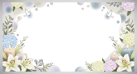 Serene Floral Arrangement with Lilies and Hydrangeas Surrounding Candles and Doves in Soft Pastel Colors, anomali microstock concept illustration