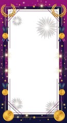 Celebratory frame with gold medals and fireworks on purple background for special occasions and achievements anomali microstock