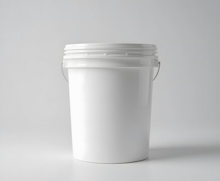 A plain white plastic bucket with a handle and lid on a neutral background. 5 gallon pail