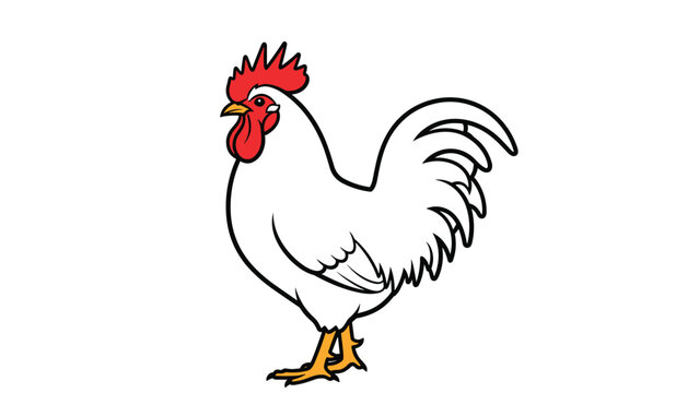 Detailed illustration of a white rooster with a vibrant red comb and wattle standing proudly against a solid white background.