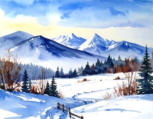 Watercolor depiction of snowy mountains and frosty, blue landscapes