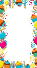 Obraz premium Colorful birthday frame with cupcakes, balloons and candles on white background for celebration