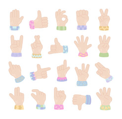 Fototapeta premium Hand gesture set in scandinavian style showing human palm, sign, finger positions communication signals symbols for guidance education navigation warning approval