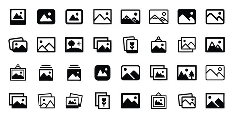 Assortment of gallery and picture frame icons displaying photos and visual media