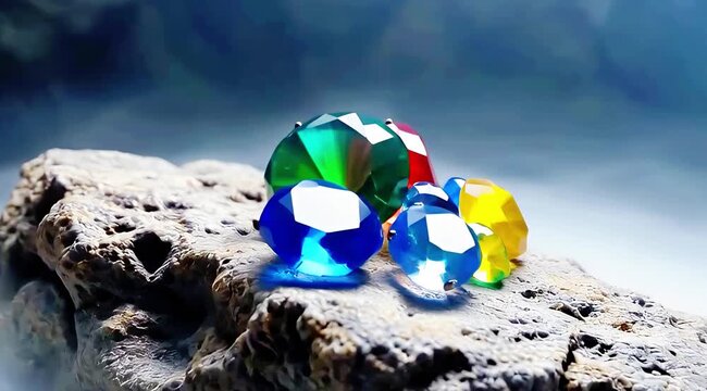 Assortment of Colorful Faceted Gemstones Resting on a Rough Stone with Misty Background