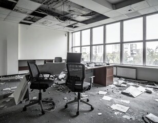 Fototapeta premium Abandoned Office Space with Distressed Furniture and Natural Light