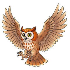 Alert Owl in Flight, Wings Spread Wide, Detailed Feathers, PNG
