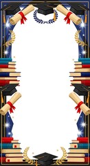 Graduation ceremony frame with scrolls, books, and laurel wreath in elegant design anomali microstock illustration