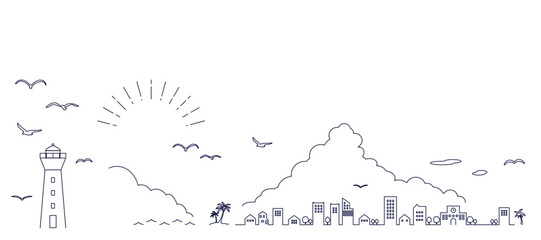 夏の海辺の街並みのフレームイラスト　背景イラスト　都市景観 © gelatin
