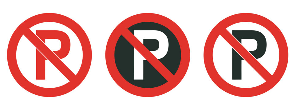 No Parking Signs, collection of three distinct red prohibition circle traffic symbols, vector illustration