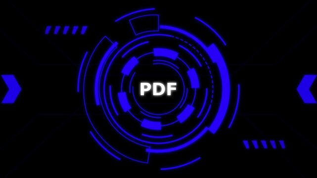 Digital PDF icon with glowing blue neon circles on black futuristic background.