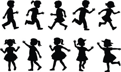 Obraz premium Children running silhouette vector illustration, playful kids, dynamic motion, boys girls, fun activity, energy movement, childhood play, stock artwork design