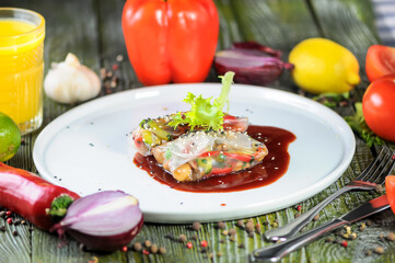 Fresh Vegetable Spring Rolls with Dipping Sauce and Fresh Ingredients