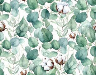 Watercolor floral pattern featuring eucalyptus and cotton