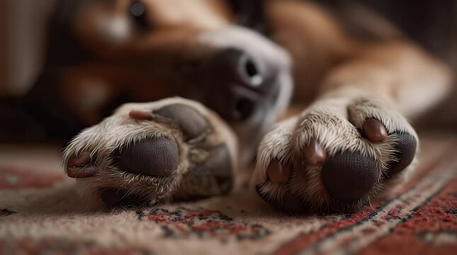 Dog Paws on Carpet Relaxing at Home.