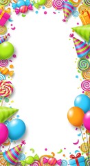 Colorful party decorations border with balloons and sweets on white background, anomali microstock illustration