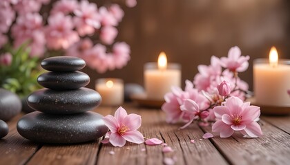 Relaxing Spa Background with Massage Stones, Aromatic Candle, and Sakura Flowers on Wooden Surface