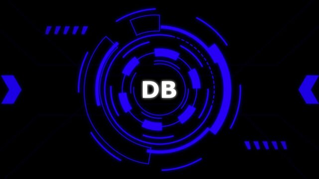 Digital database logo animation with glowing blue neon light rings and motion blur effect.
