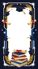 Graduation themed frame with books diplomas and caps on a dark background for education