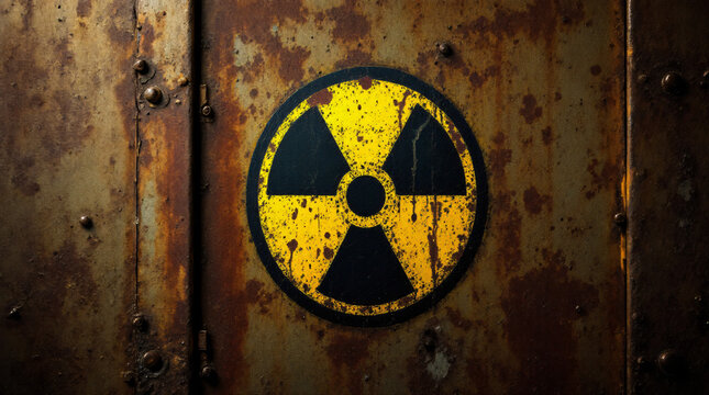 Grungy Nuclear Radiation Warning Symbol on Rusted Industrial Metal Background
