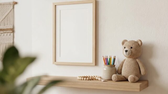 Cozy Home Decor Shelf with Teddy Bear and Art Supplies.