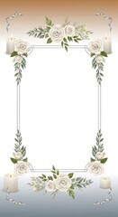 Elegant floral frame with white roses and candles