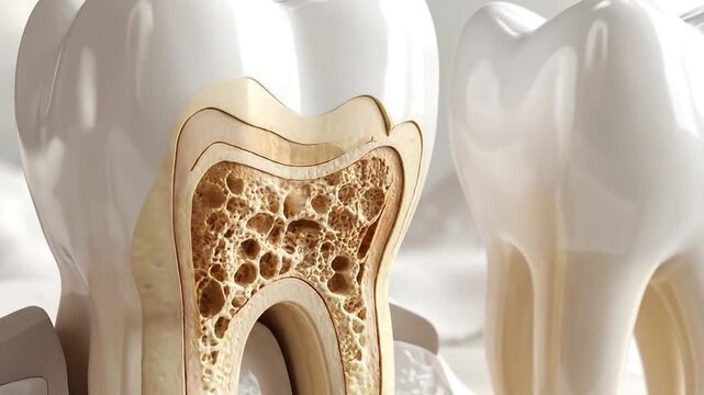 Dental health concept showing cross-section of teeth with enamel, dentin, and pulp.