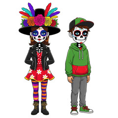 Kids in Day of the Dead Skeleton Face Paint, Cut-out Background Removal