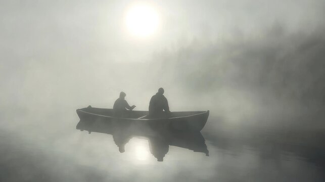 Two figures in a canoe on a foggy lake, sun visible