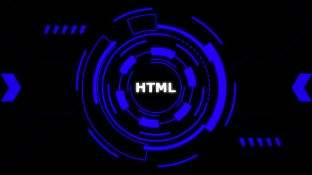 HTML coding technology digital concept with glowing blue neon circles and programming text on black background.