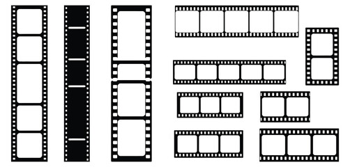 Film Strip Templates, set of retro film strip illustrations, black cinema tape and movie frames, vector graphics for video, film, and photography design.