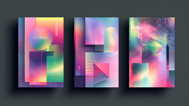 Modern abstract graphic design posters with gradients, geometric shapes, collage and typography. Futuristic event templates for exhibitions, creative fairs, workshops, and contemporary branding. 