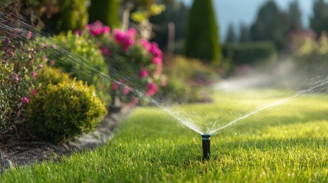 Stunning photo of automatic sprinkler system watering rich green lawn in beautifully landscaped garden. Irrigation tech for water conservation, sustainable maintenance, lawn.