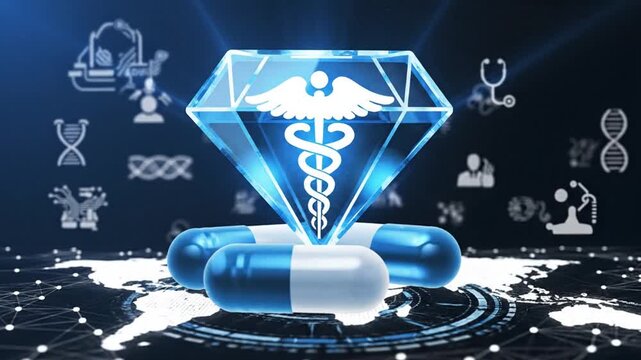 A futuristic medical scene featuring a capsule and medical symbols in a diamond shape viewed from the front on a dark background