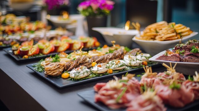 Stunning photo of catering company, office corporate canteen, assortment of dishes and snacks, buffet for a business party, serving dishes at the event.