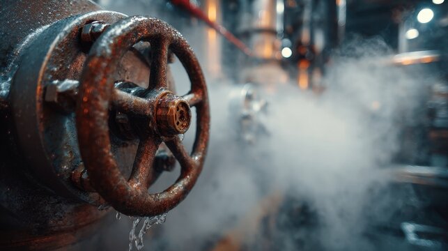 Stunning photo of close-up of a leaking industrial valve with steam and water, factory setting.