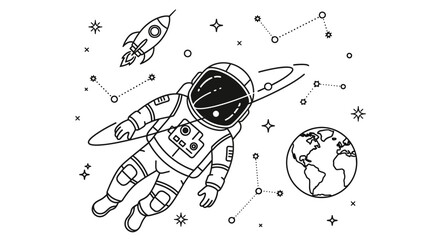 Astronaut floating in space near Earth with rocket and stars illustration © Safa_Sekar Madina'h