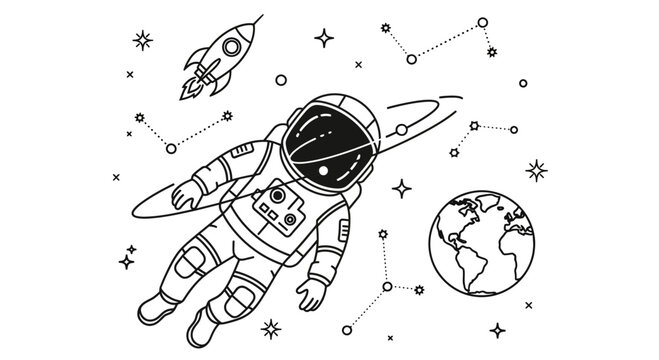 Astronaut floating in space near Earth with rocket and stars illustration