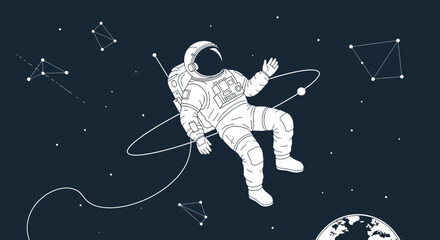Astronaut floating in space with constellations and Earth, minimalist illustration © Safa_Sekar Madina'h