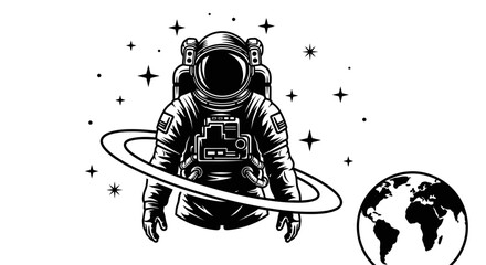 Astronaut Floating in Space with Earth and Stars